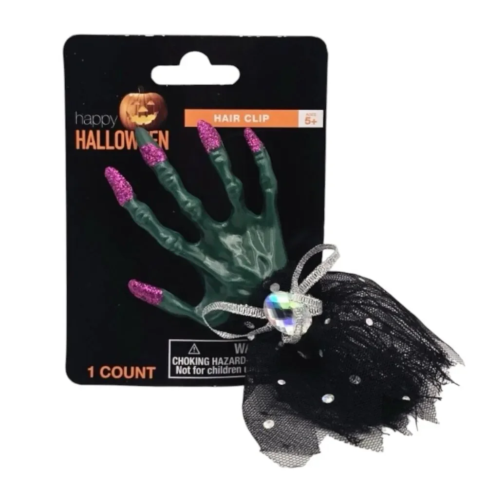 Happy Halloween Creepy Witch Hand Hair Clip Green Sequin Bow Costume Accessory